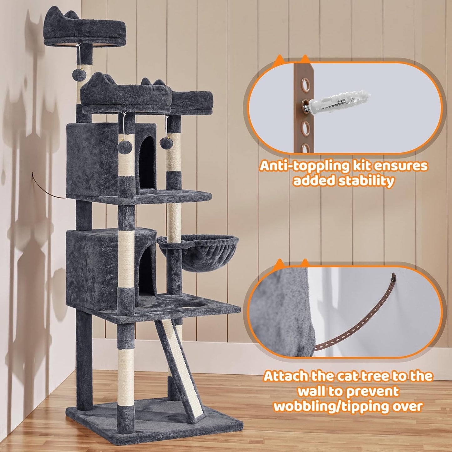 | 68.5In Cat Tree | for Large Cats | Multi-Level Cat Tower with 3 Wide Perches, Large Condo | Stable Pet Play House W/Sisal-Covered Scratching Posts & Board | Dark Gray