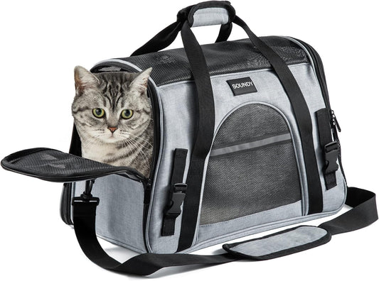 Pet Carrier for Cat and Dog, Portable Folding Pet Carrier Airline Approved, Suitable for Small Dogs, Puppies, and Medium-Sized Cats (Grey with Bowl)