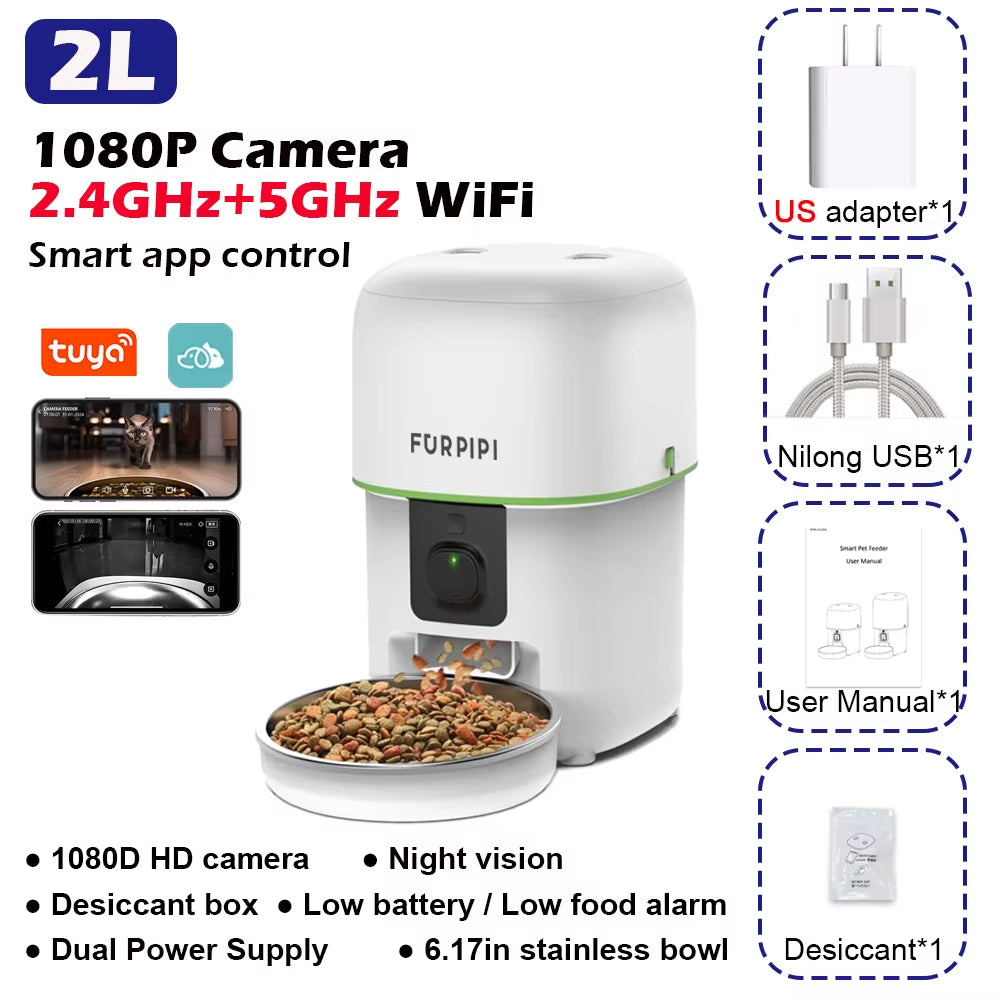 1080P HD Camera Automatic Cat Feeder with 5Gwifi Tuya Pet Cat Smart Food Kibble Dispenser Auto Feeder for Cats Dog Accessories