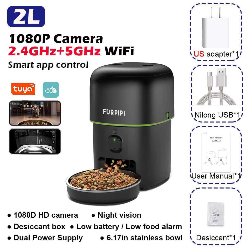 1080P HD Camera Automatic Cat Feeder with 5Gwifi Tuya Pet Cat Smart Food Kibble Dispenser Auto Feeder for Cats Dog Accessories