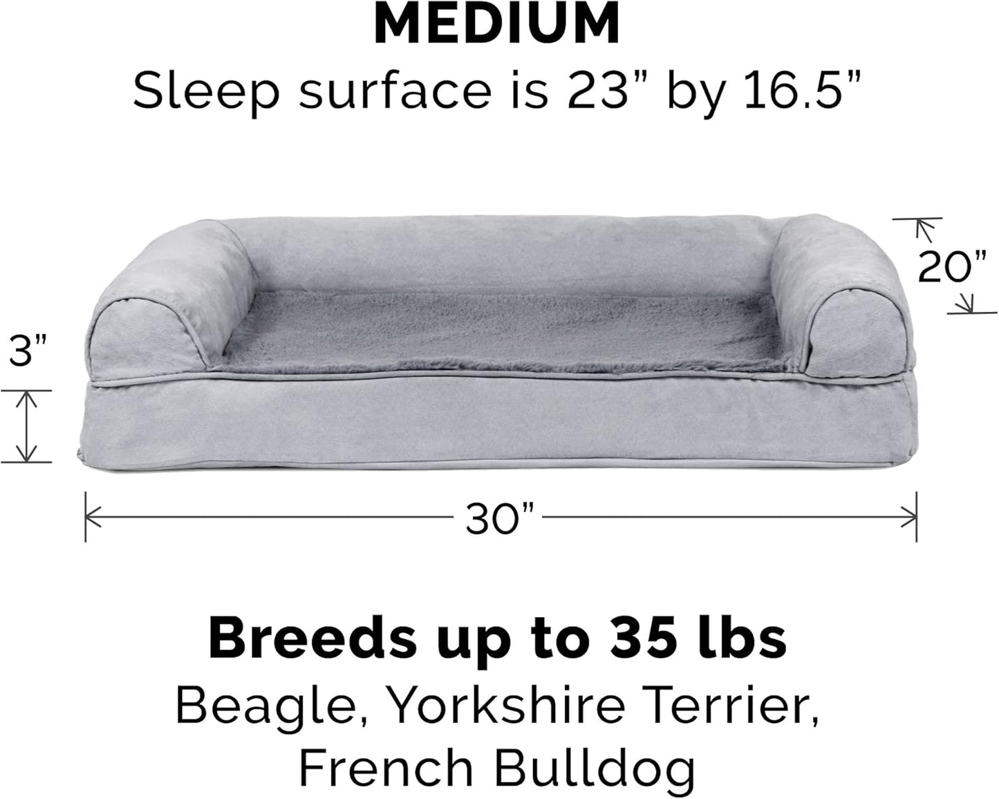 Orthopedic Dog Bed for Medium/Small Dogs W/ Removable Bolsters & Washable Cover, for Dogs up to 35 Lbs - Plush & Suede Sofa - Gray, Medium