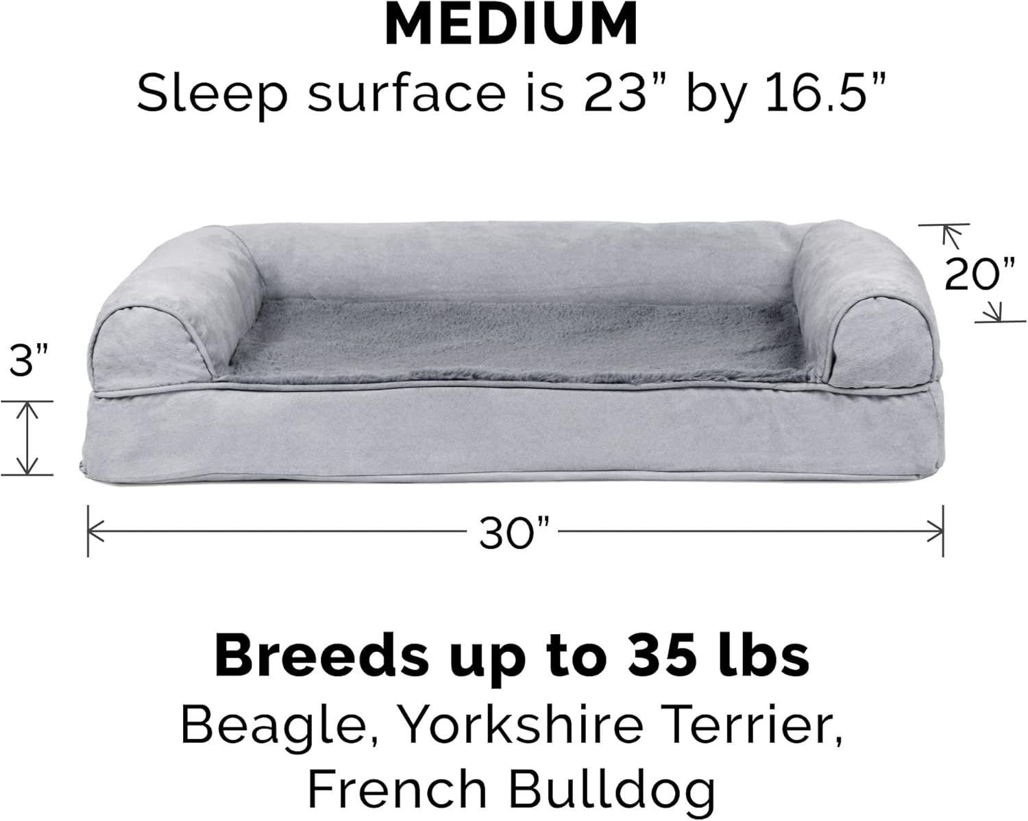 Orthopedic Dog Bed for Medium/Small Dogs W/ Removable Bolsters & Washable Cover, for Dogs up to 35 Lbs - Plush & Suede Sofa - Gray, Medium