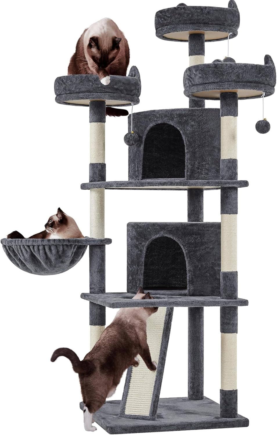 | 68.5In Cat Tree | for Large Cats | Multi-Level Cat Tower with 3 Wide Perches, Large Condo | Stable Pet Play House W/Sisal-Covered Scratching Posts & Board | Dark Gray