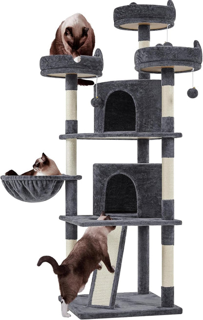 | 68.5In Cat Tree | for Large Cats | Multi-Level Cat Tower with 3 Wide Perches, Large Condo | Stable Pet Play House W/Sisal-Covered Scratching Posts & Board | Dark Gray
