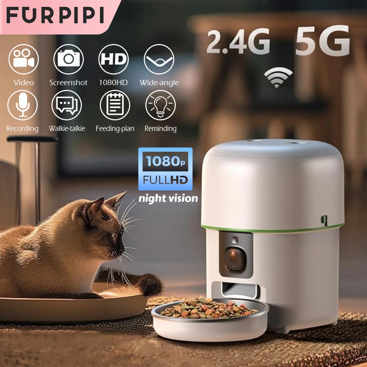 1080P HD Camera Automatic Cat Feeder with 5Gwifi Tuya Pet Cat Smart Food Kibble Dispenser Auto Feeder for Cats Dog Accessories
