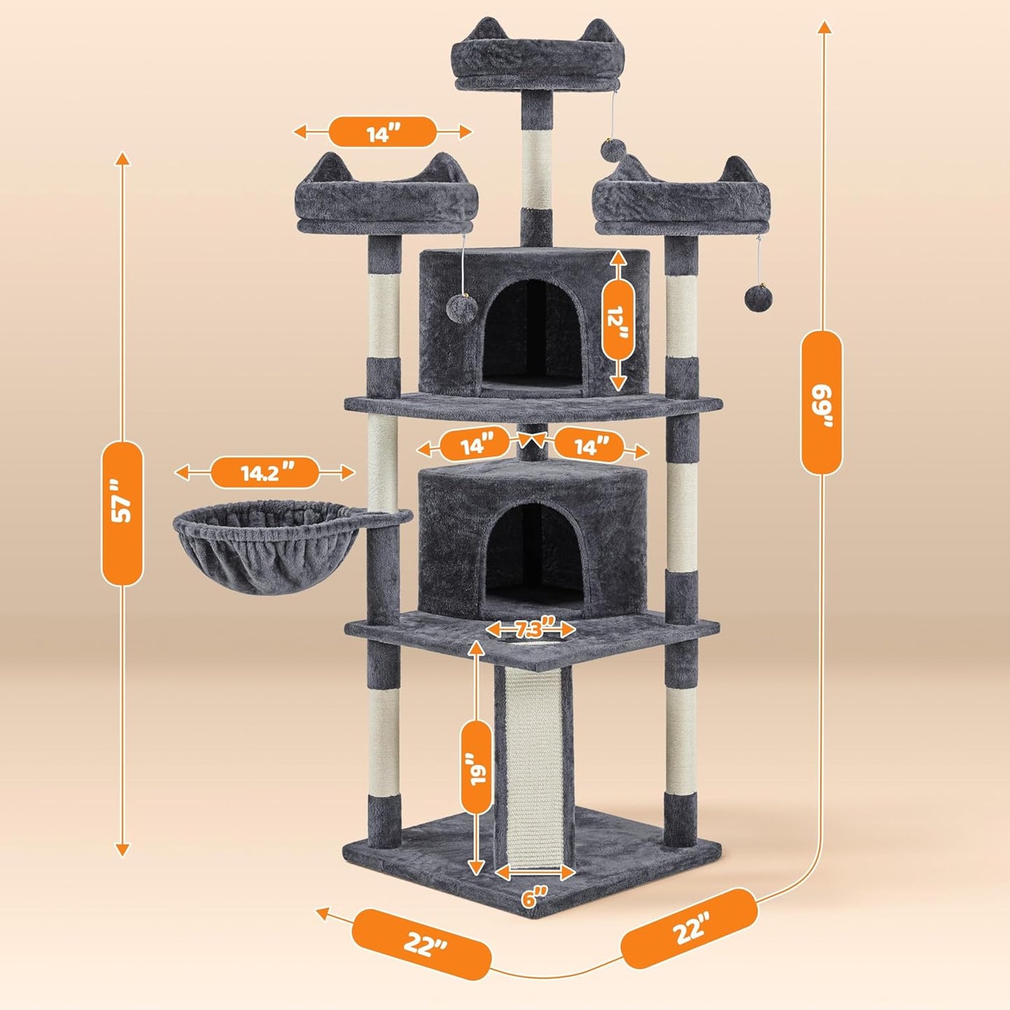 | 68.5In Cat Tree | for Large Cats | Multi-Level Cat Tower with 3 Wide Perches, Large Condo | Stable Pet Play House W/Sisal-Covered Scratching Posts & Board | Dark Gray
