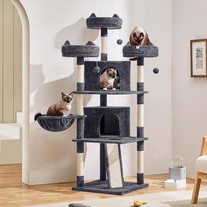 | 68.5In Cat Tree | for Large Cats | Multi-Level Cat Tower with 3 Wide Perches, Large Condo | Stable Pet Play House W/Sisal-Covered Scratching Posts & Board | Dark Gray